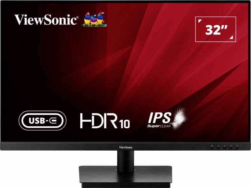 Monitor från ViewSonic, 32 tum, med USB-C, HDR10 och IPS-skärmteknik. Röd bakgrund med produktlogotyper.
