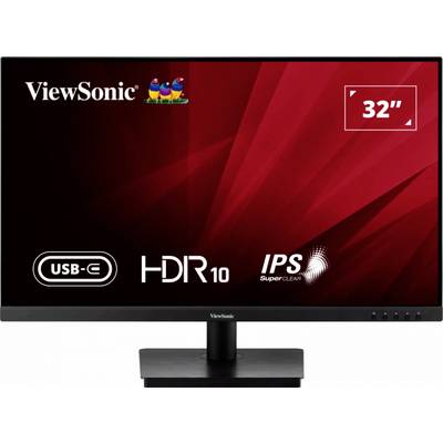 Monitor från ViewSonic, 32 tum, med USB-C, HDR10 och IPS-skärmteknik. Röd bakgrund med produktlogotyper.