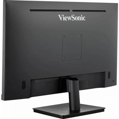 Bakifrån syns en svart skärm från märket ViewSonic. Ventilationsspringor och ett robust stativ är synliga.