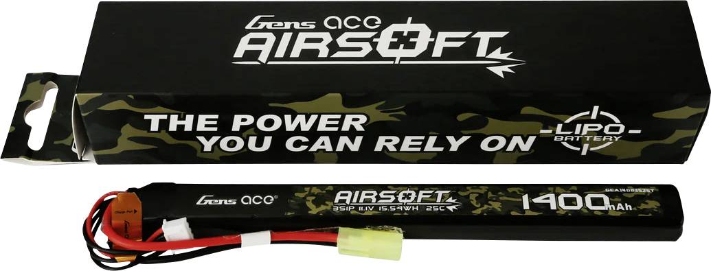 Lipo-batteri Gens Ace Airsoft, 11,1V, 1400mAh, förpackning och batteri med kamouflagedesign, slogan: Kraften du kan lita på.