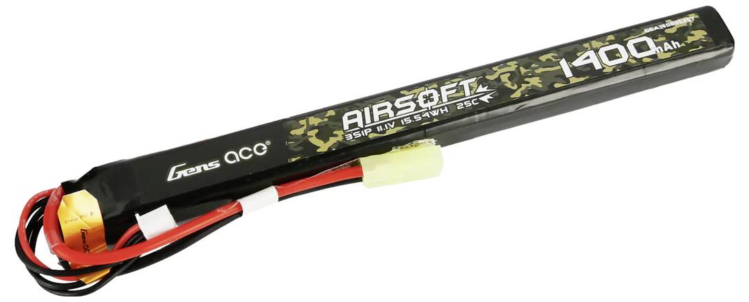 LiPo-batteri för Airsoft, 1400mAh, 11,1V, Gens Ace märke, rektangulär form med anslutningskablar. Lämplig för Airsoft-vapen.