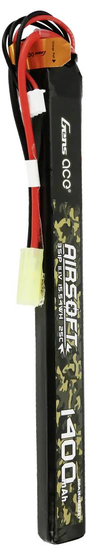 Lipo-batteri med kamouflasemönster, märkt 'Airsoft 11,1V 1200mAh'. Kablar och kontakt ovanpå för anslutning till elektroniska enheter.