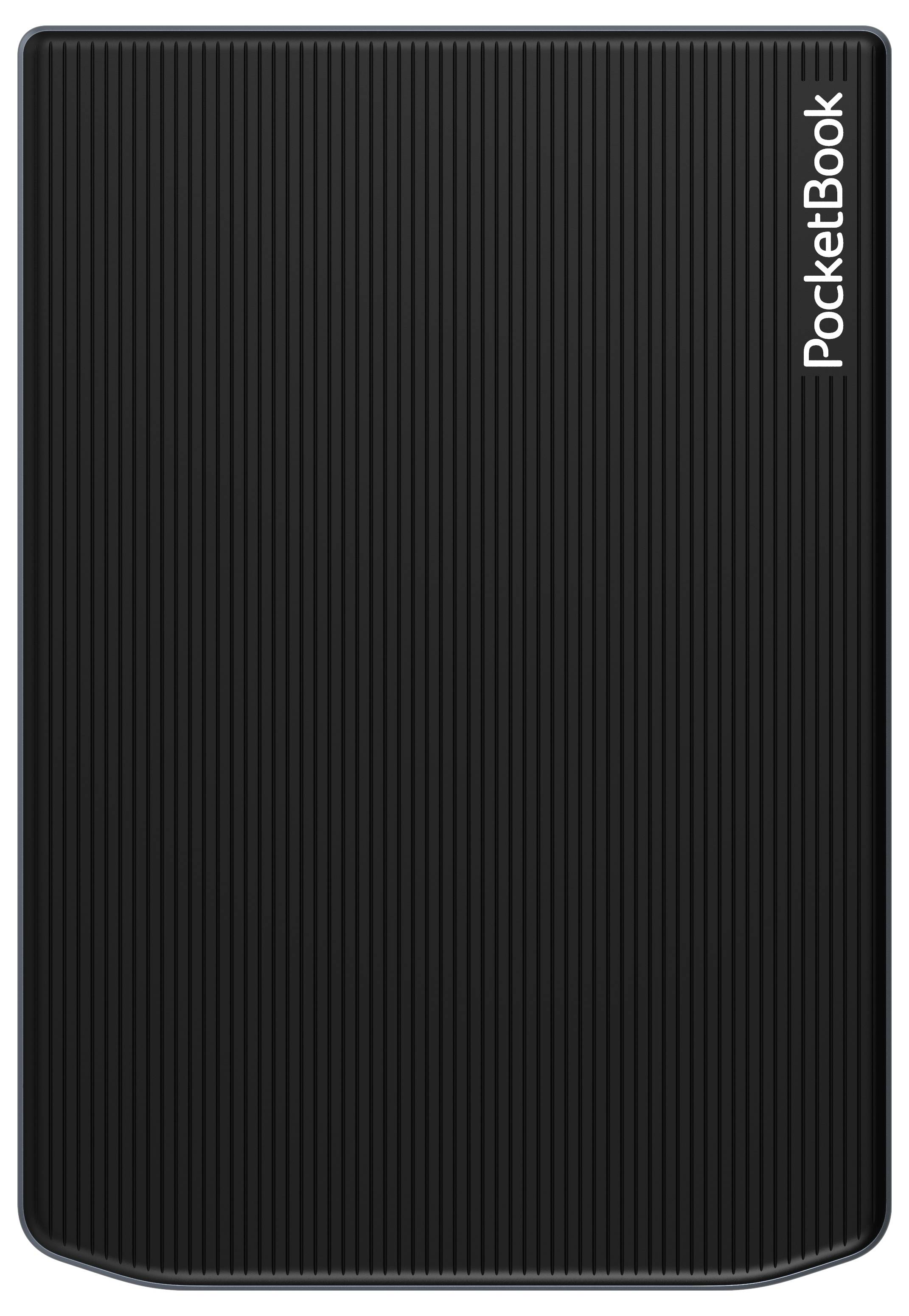 Svart PocketBook med vertikal ribbstruktur, varumärkesnamn i övre högra hörnet.