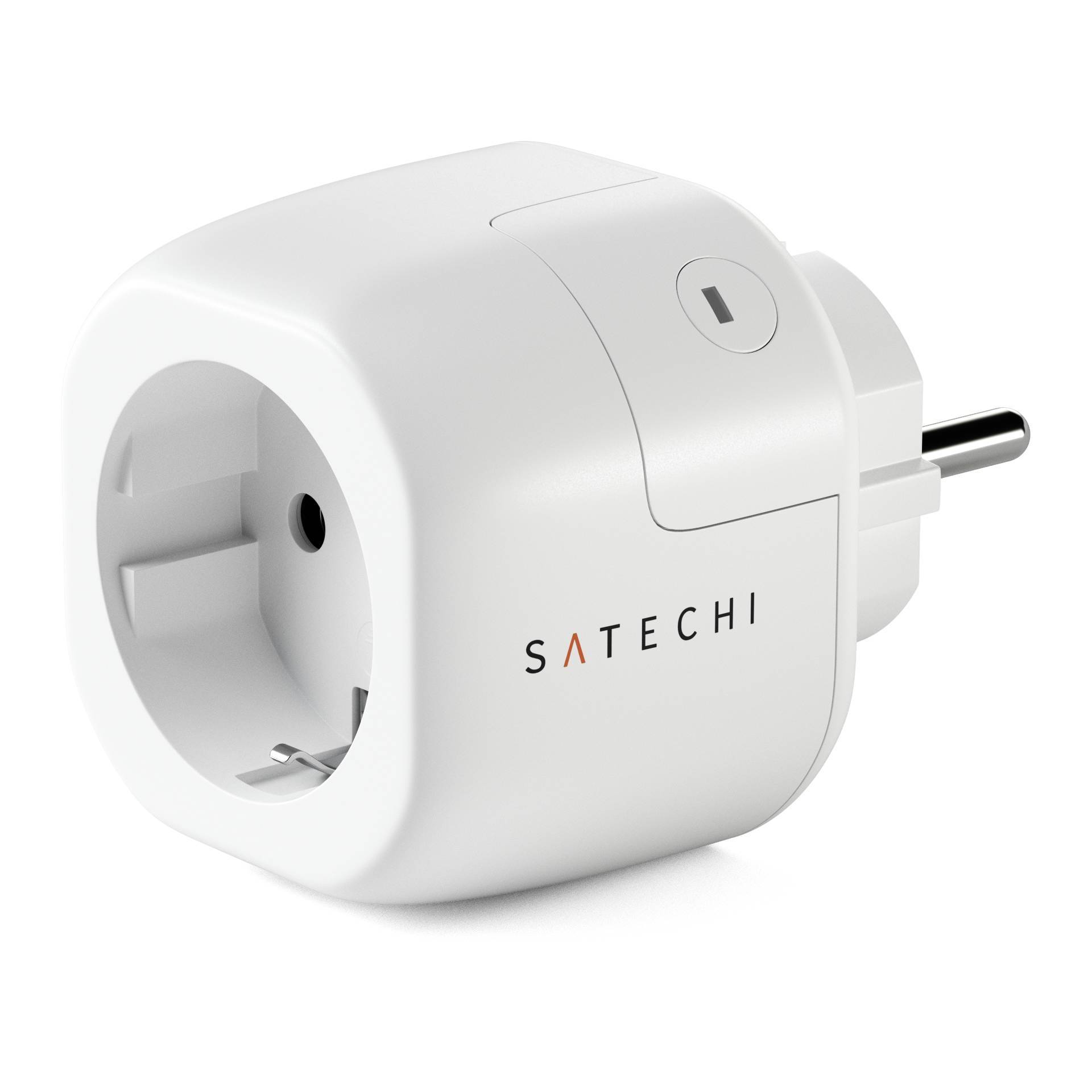 Vit, rektangulär adapter med uttag och 'Satechi'-logotyp. Perfekt för anslutning av elektriska enheter inomhus.