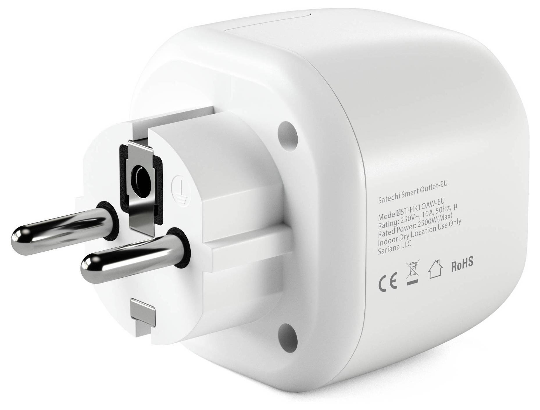 En vit, rund smart-kontaktadapter med två stift, lämplig för EU-uttag, visar produktdetaljer på ovansidan.