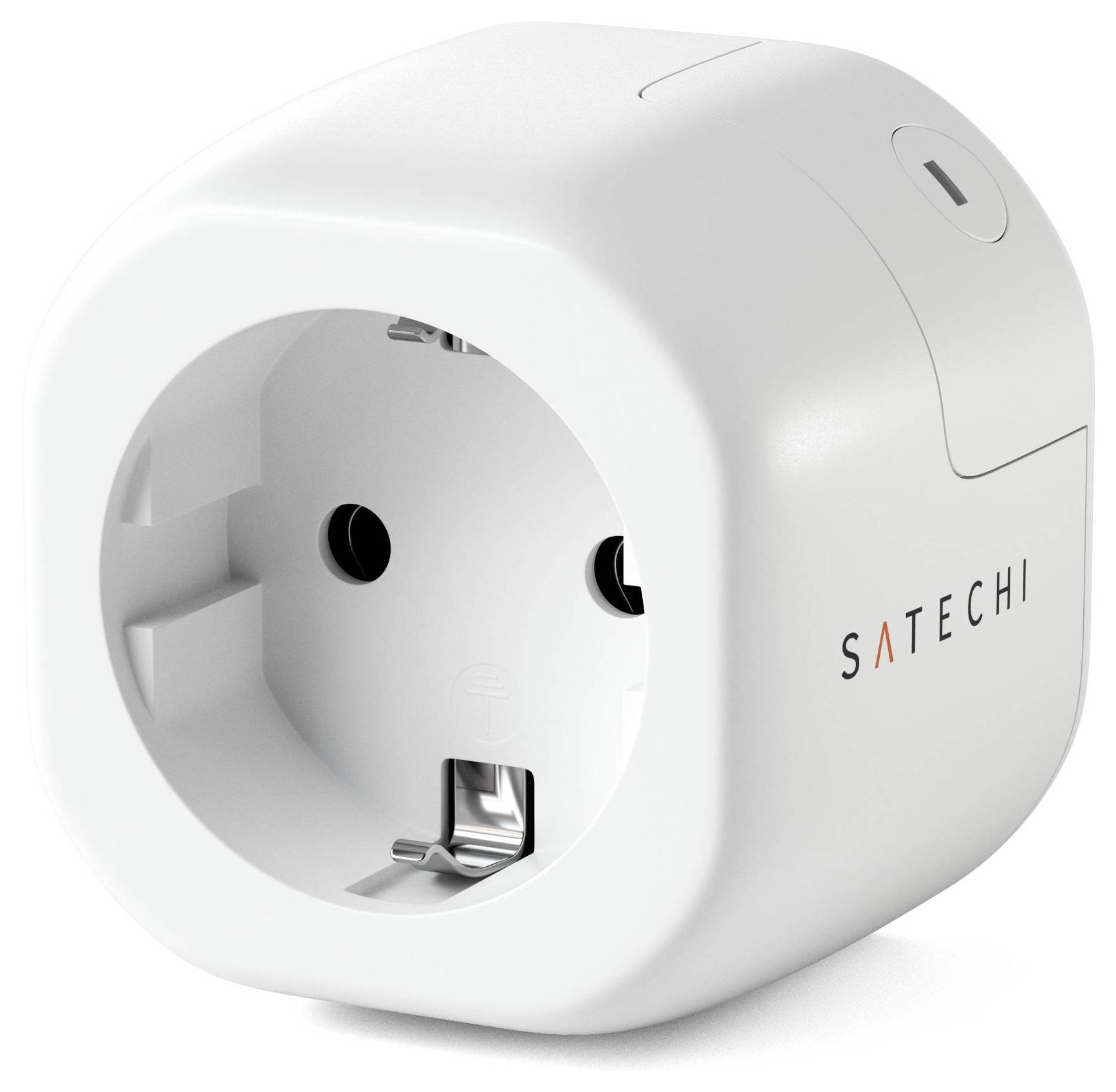 En vit Satechi-kontaktadapter med kvadratisk form och avrundade kanter. Den har en Schuko-kontakt på framsidan.