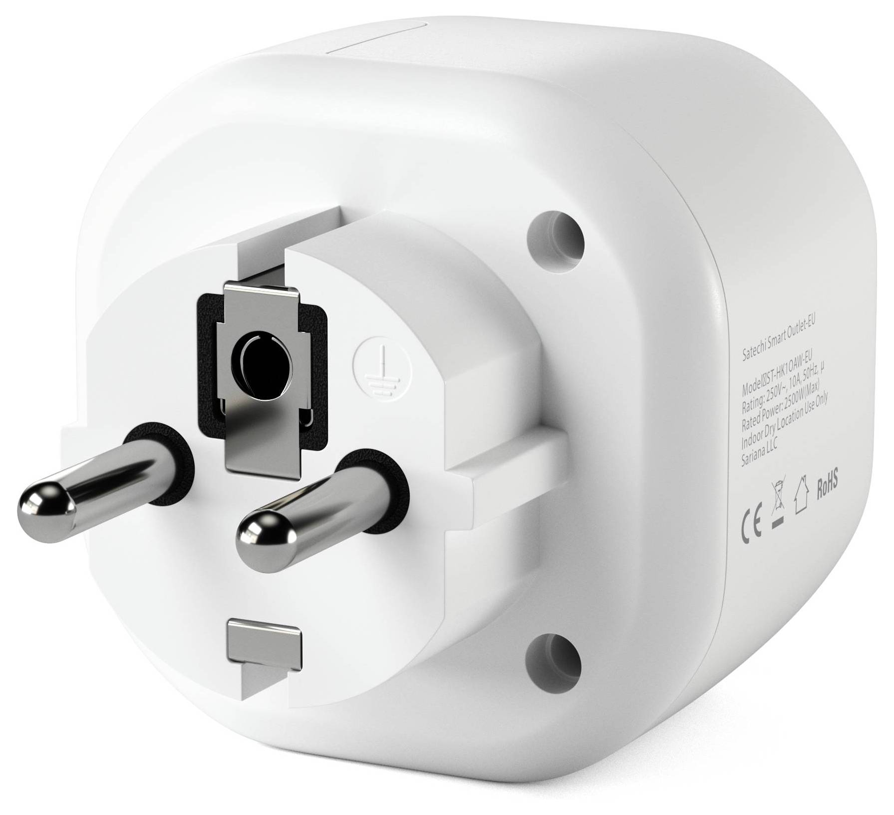 En vit, rund smart-kontakt med två stift, CE-märkning och märkt yta för elektroniska anslutningar.
