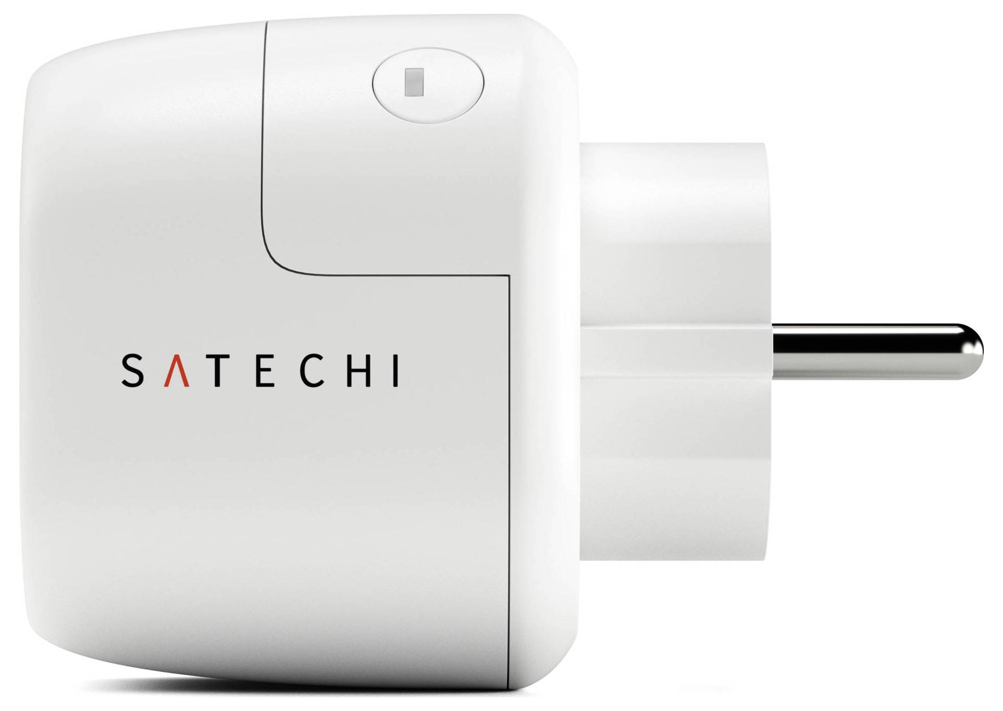 Vitt Satechi USB-väggladdare med europeisk kontakt, sedd från sidan.