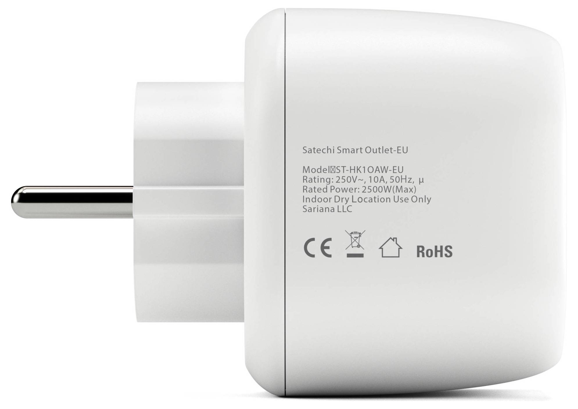 Smal vit eluttag med EU-kontakt. Påskrift: 'Satechi Smart Outlet-EU', tekniska specifikationer, RoHS-kompatibel.