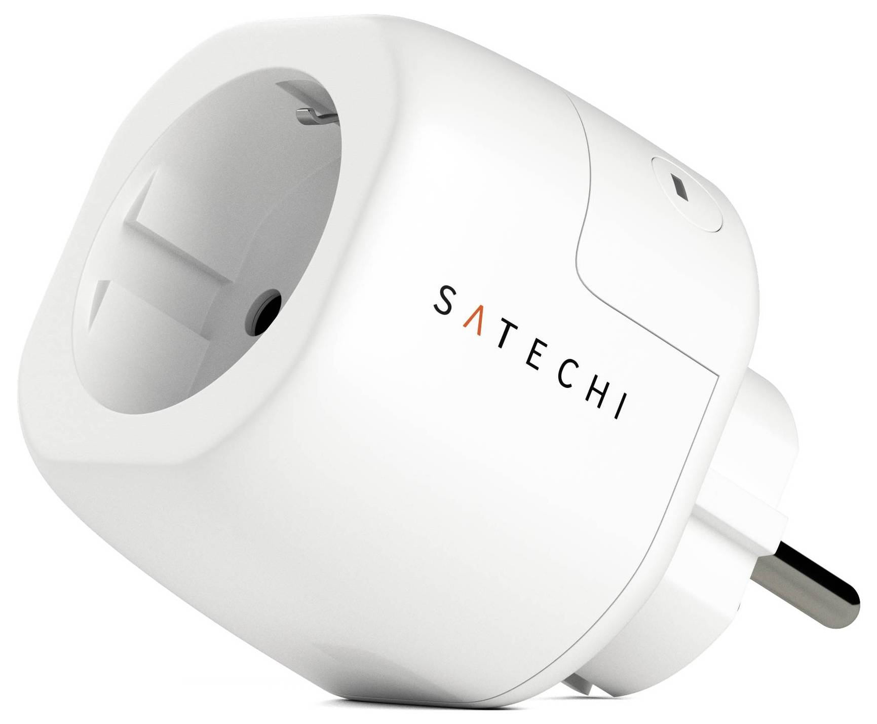 Vit SATECHI-nätadapter med USB-anslutning och eluttag, lämplig för laddning av enheter.