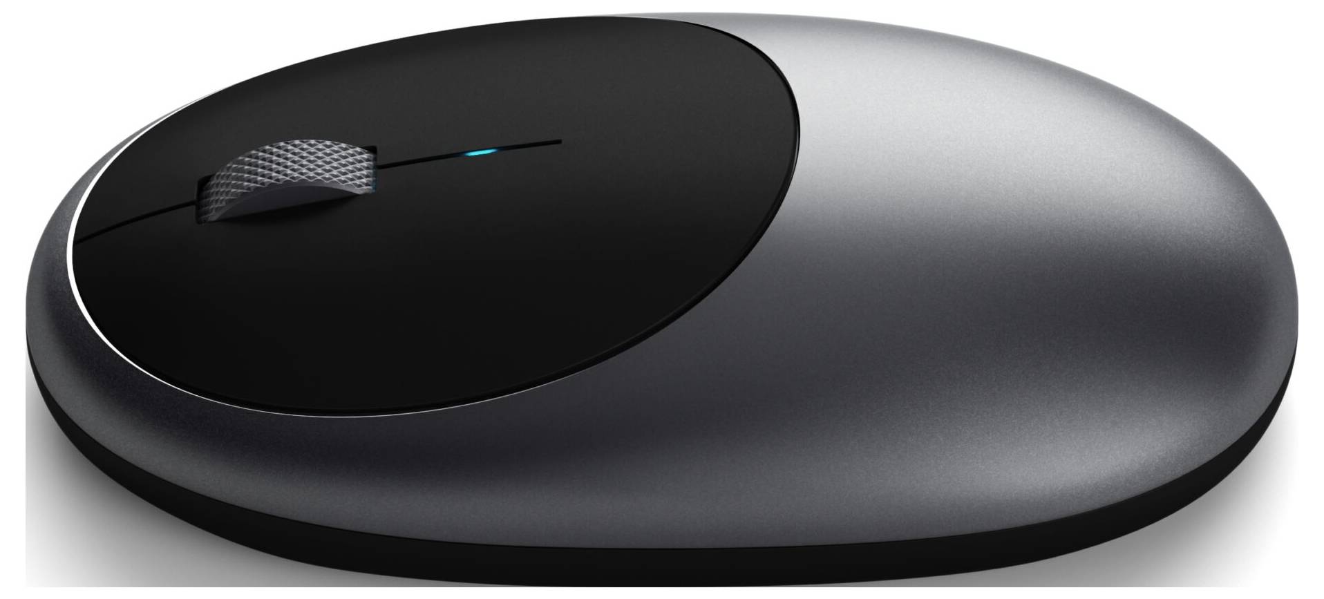Trådlös, ergonomisk datormus i mörk metallic-design med slät yta och strukturerat scrollhjul.
