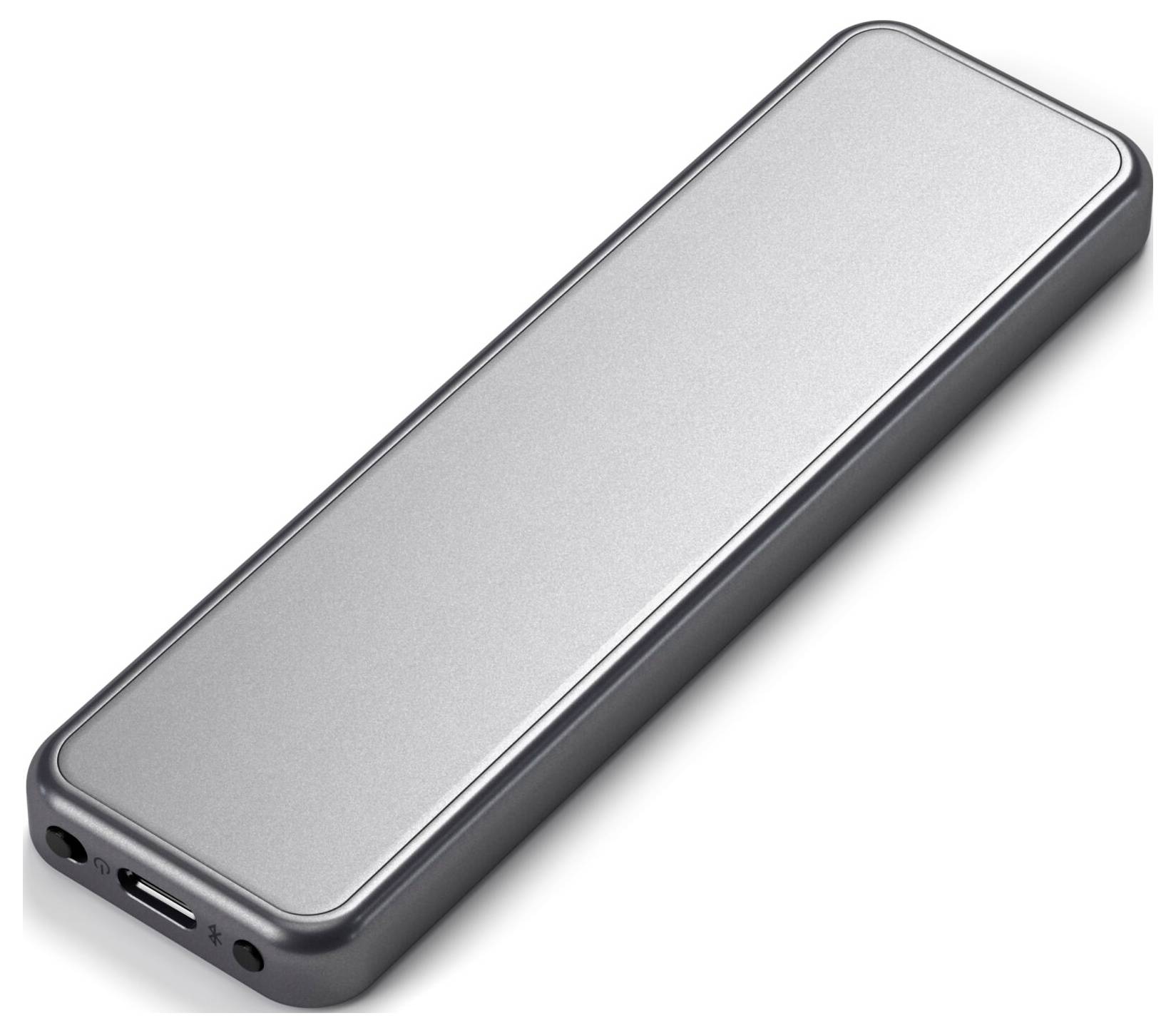 En rektangulär, silverfärgad apparat med avrundade hörn, möjligen en bärbar laddare eller lagringsmedia.