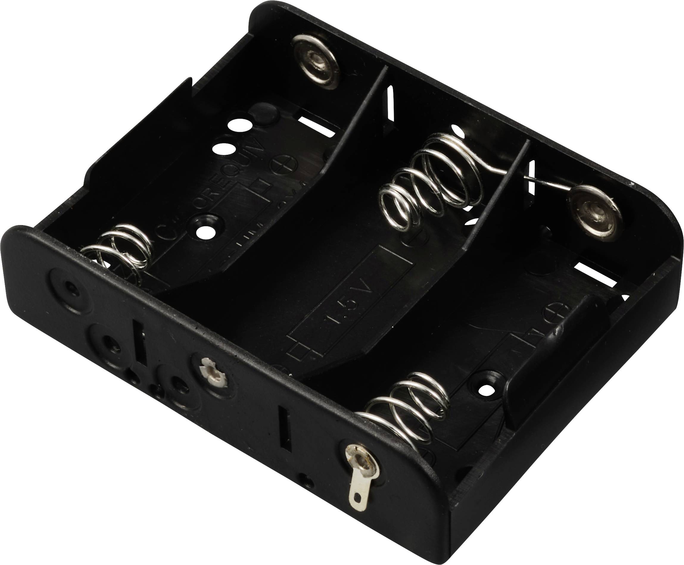 Svart dubbel batterihållare med metallfjädrar för AA-batterier, konstruerad för att rymma och säkra två batterier.