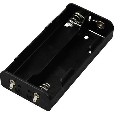 En svart, avlång batterihållare i plast med metallfjädrar och kontakter i ändarna. Lämplig för två batterier.