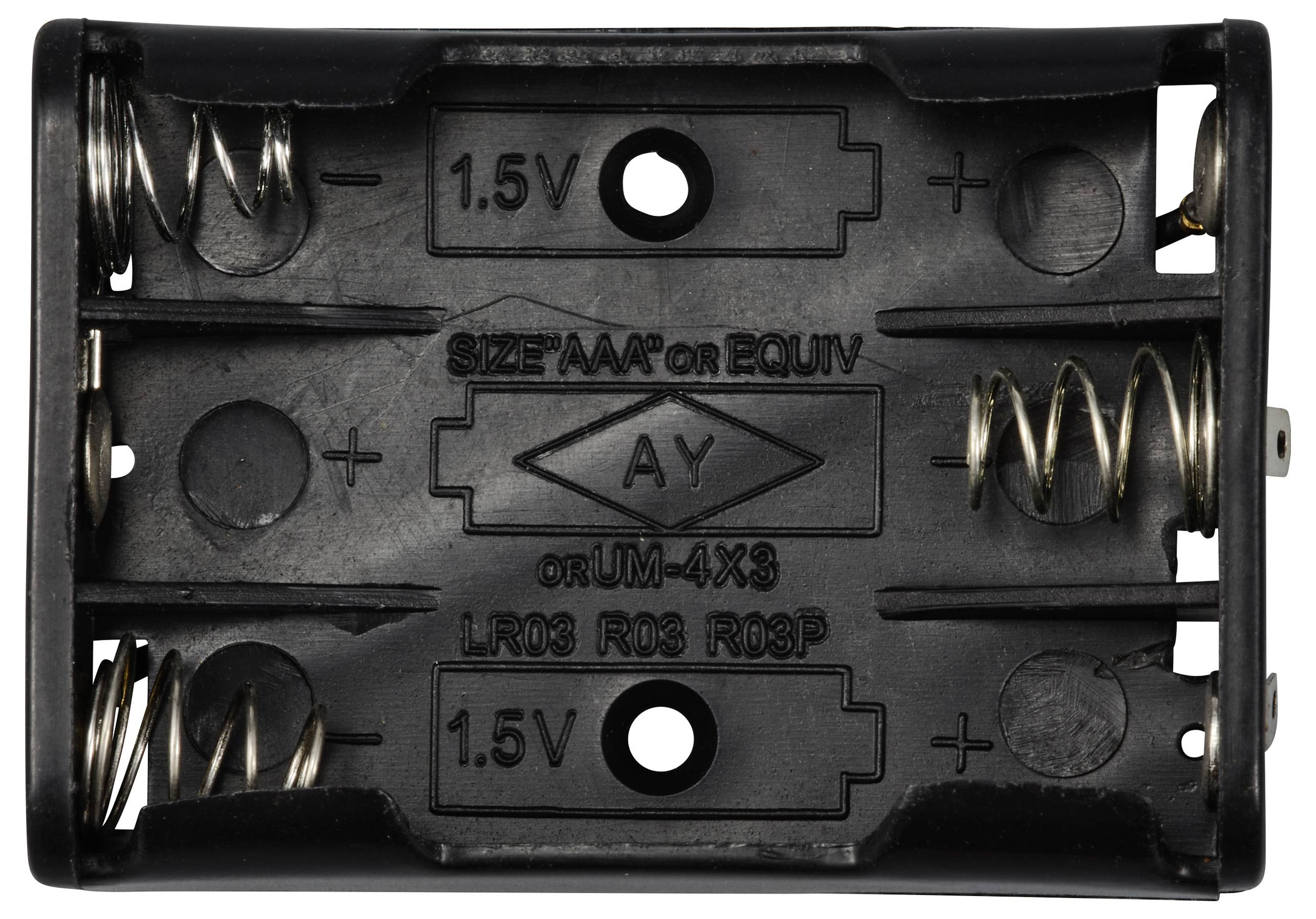 Plastfodral för två AAA-batterier, med metallfjädrar i ändarna för fastsättning, storlek och spänning (1,5V) märkta.