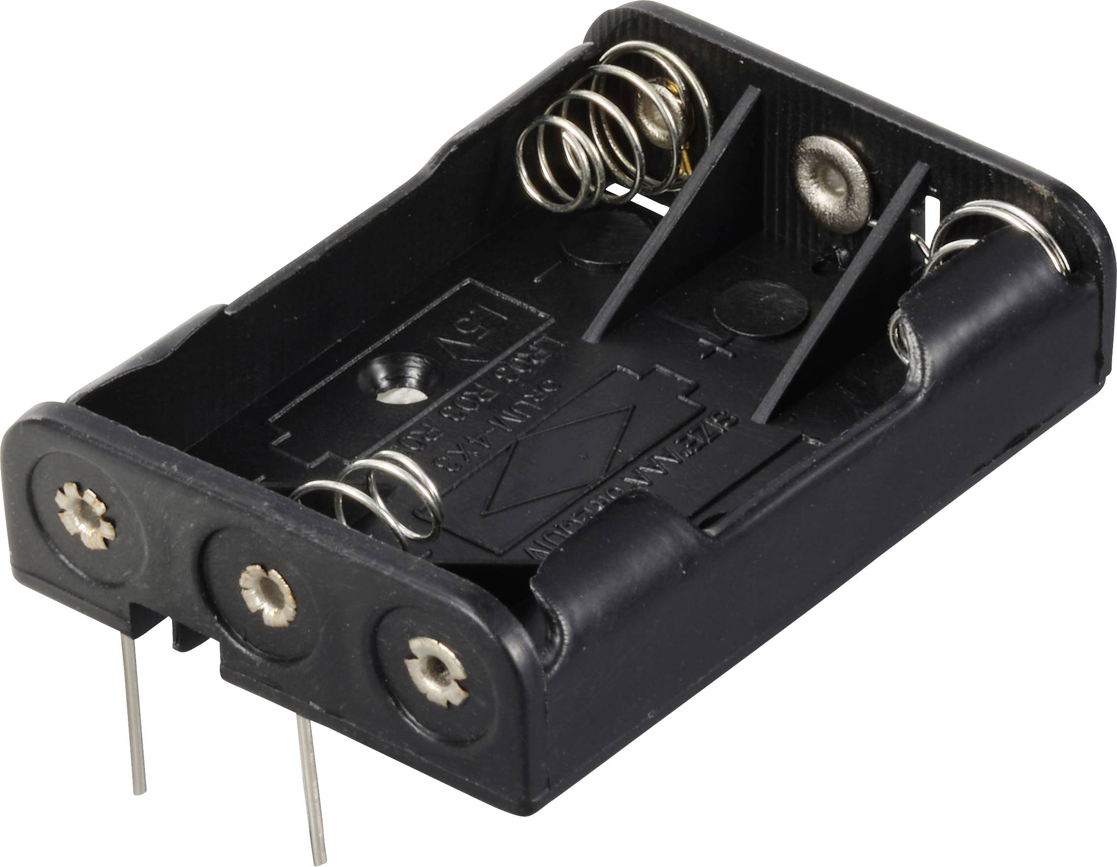 Batterihållare för två AA-batterier med fjädrar och metallkontakter, svart plastbas, lämplig för elektroniska projekt.