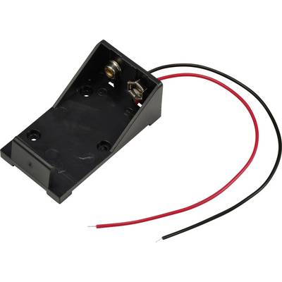Batterihållare för 9-volts batterier, svart plastfodral, två kablar (röd och svart) för anslutning till elektroniska enheter.
