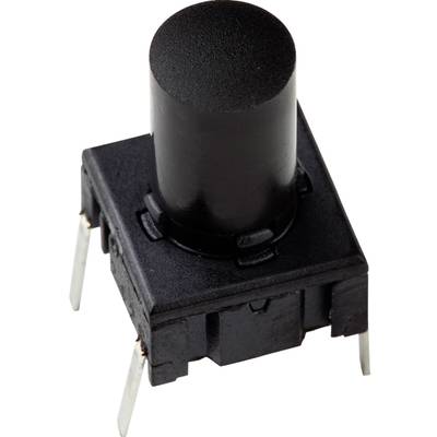 Svart tryckknapp med fyra anslutningsben för elektroniska kretsar.