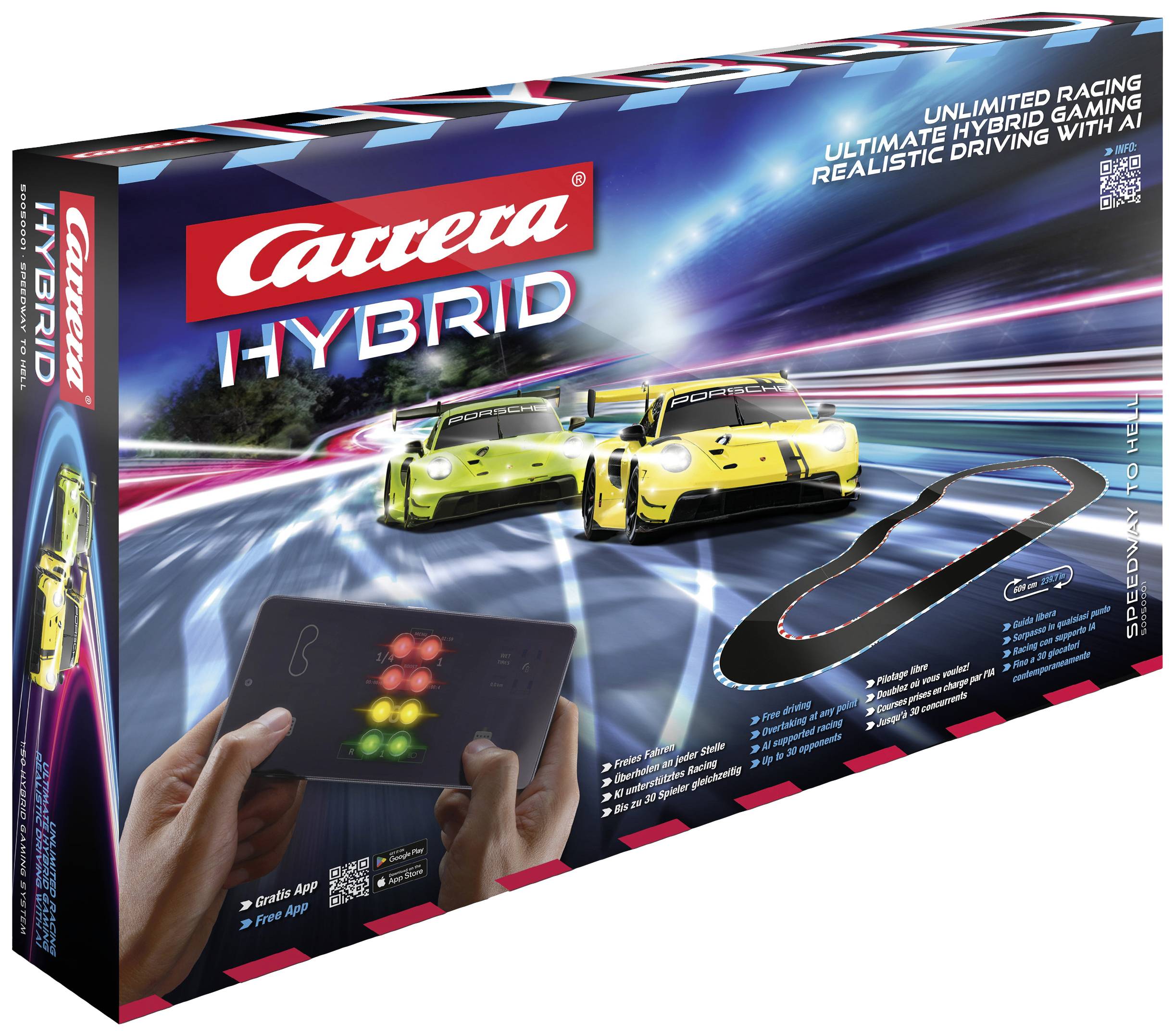 'Carrera Hybrid' leksaksförpackning visar en bilracebana med två bilar, styrenhet och markerad app-användning för hybridspelande.