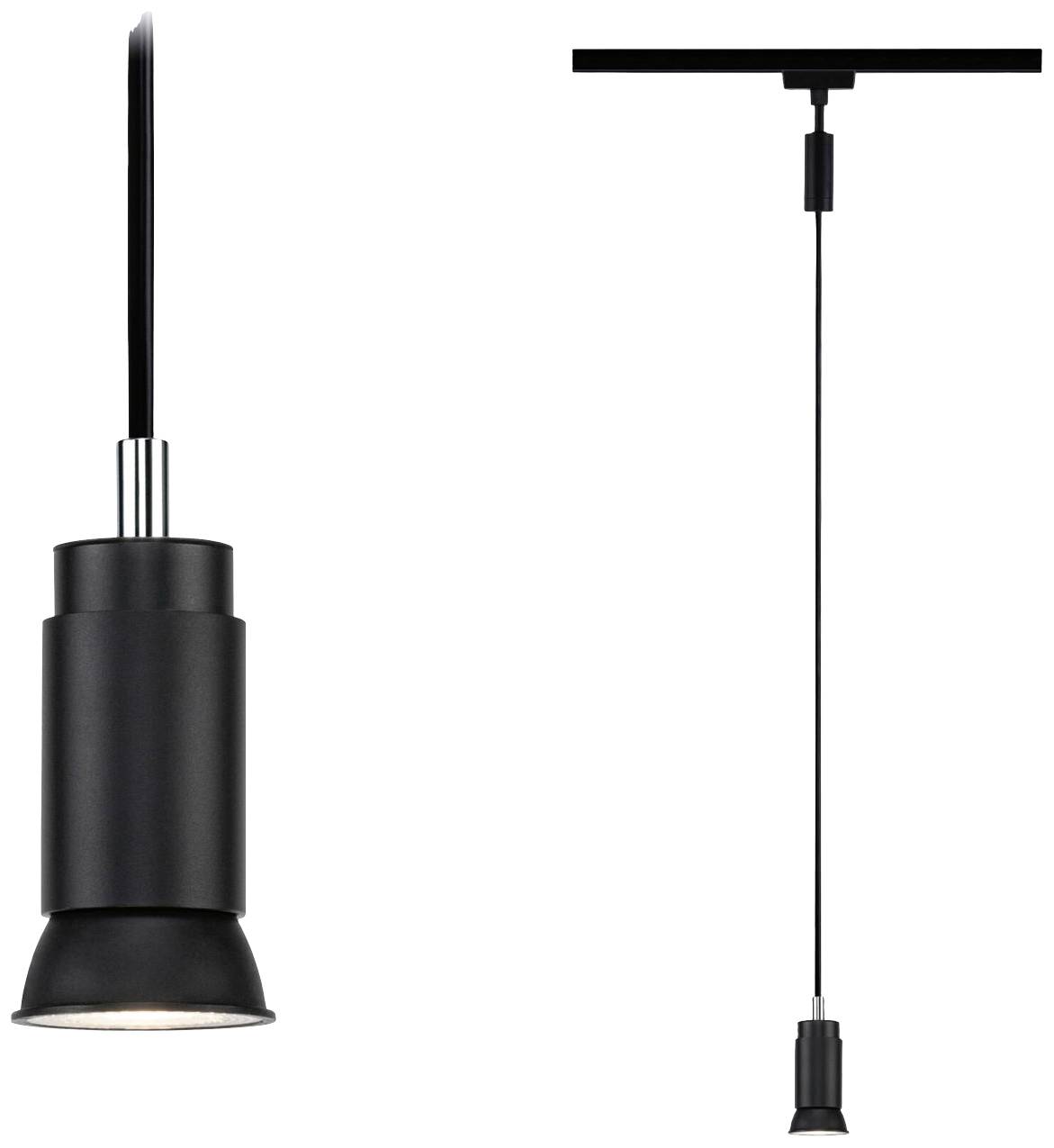 En svart pendellampa med enkelt, modernt design. Den hänger i en lång sladd från ett rektangulärt takfäste.