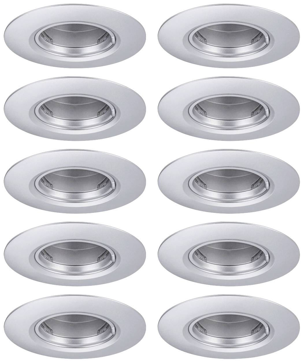 Tio runda, silvermetalliska infällda spotlights, jämnt fördelade i ett rutnät. Perfekt för modern takbelysning.