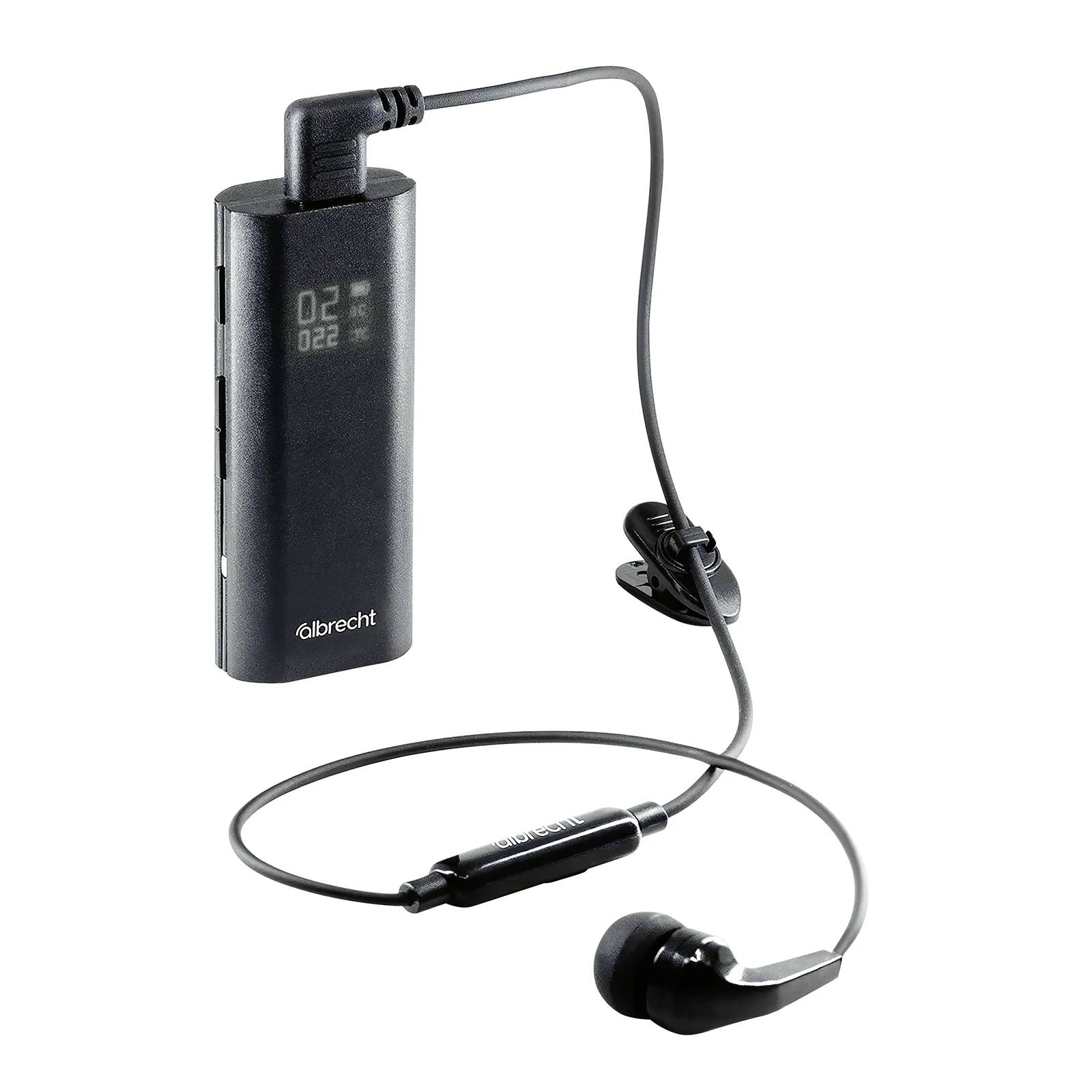 En svart Bluetooth-mottagare med anslutna hörlurar visas, perfekt för trådlös musikupplevelse.