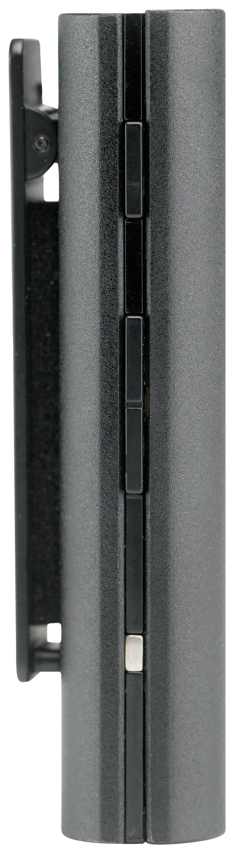 Ett svart, cylindriskt gångjärn, synligt från sidan, visar konstruktionen och anslutningsmekanismen.