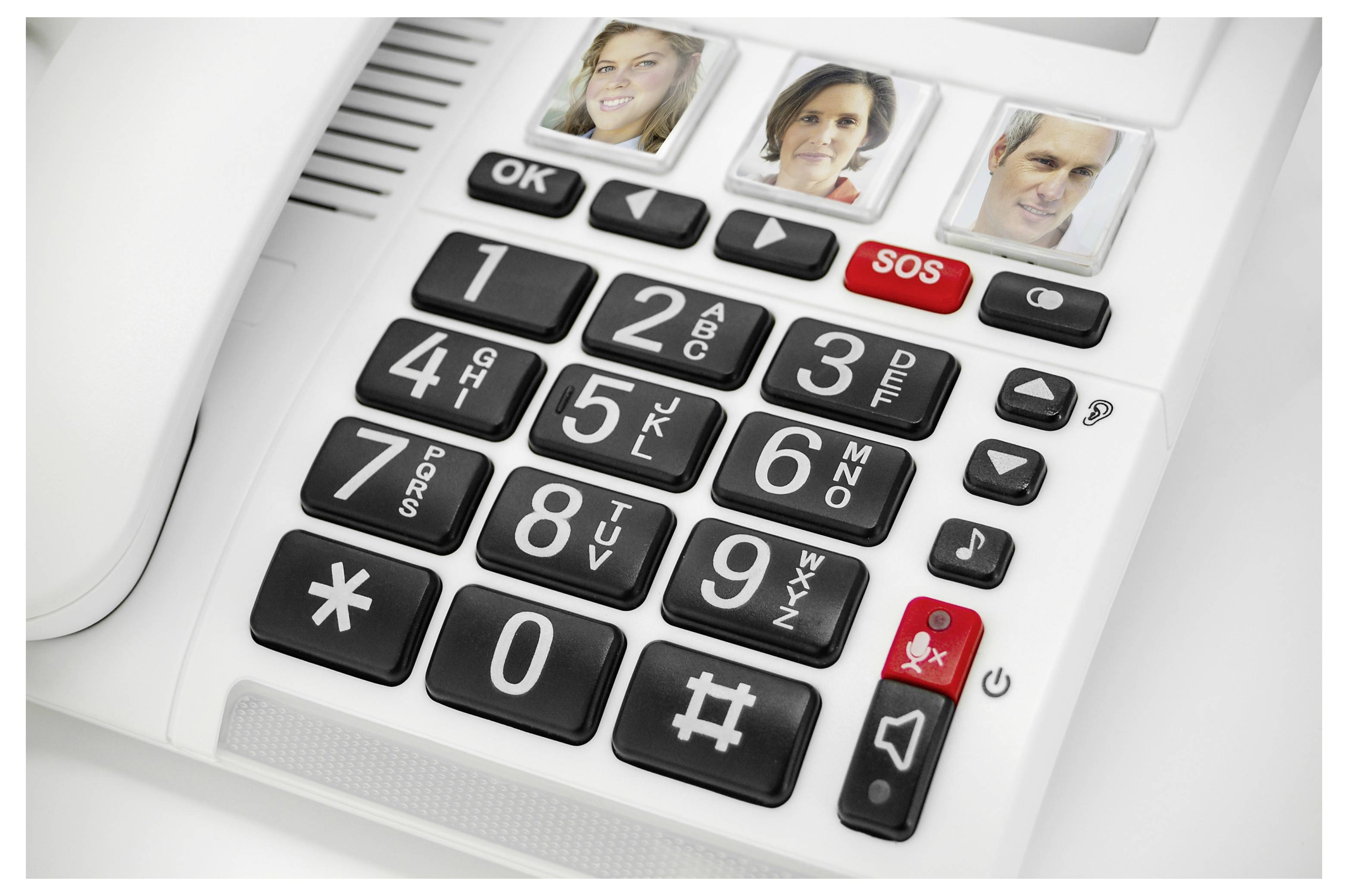 Telefon med stora knappar, foton för snabbval, och röd SOS-nödsamtalstangent.