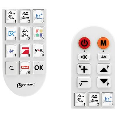 Två fjärrkontroller med stora knappar, en till vänster med kanallogotyper och en till höger med grundläggande funktioner som volym och kanalval.