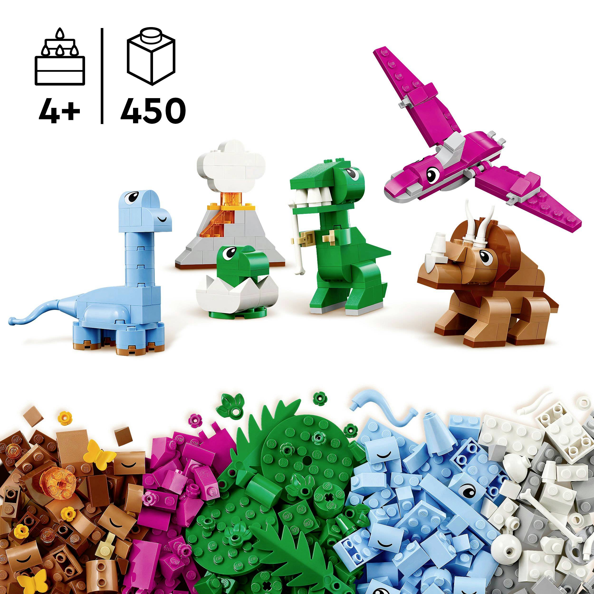 Byggsats för barn från 4 år med 450 LEGO-bitar, för att bygga ett flertal färgglada djurfigurer som dinosaurier och fåglar.