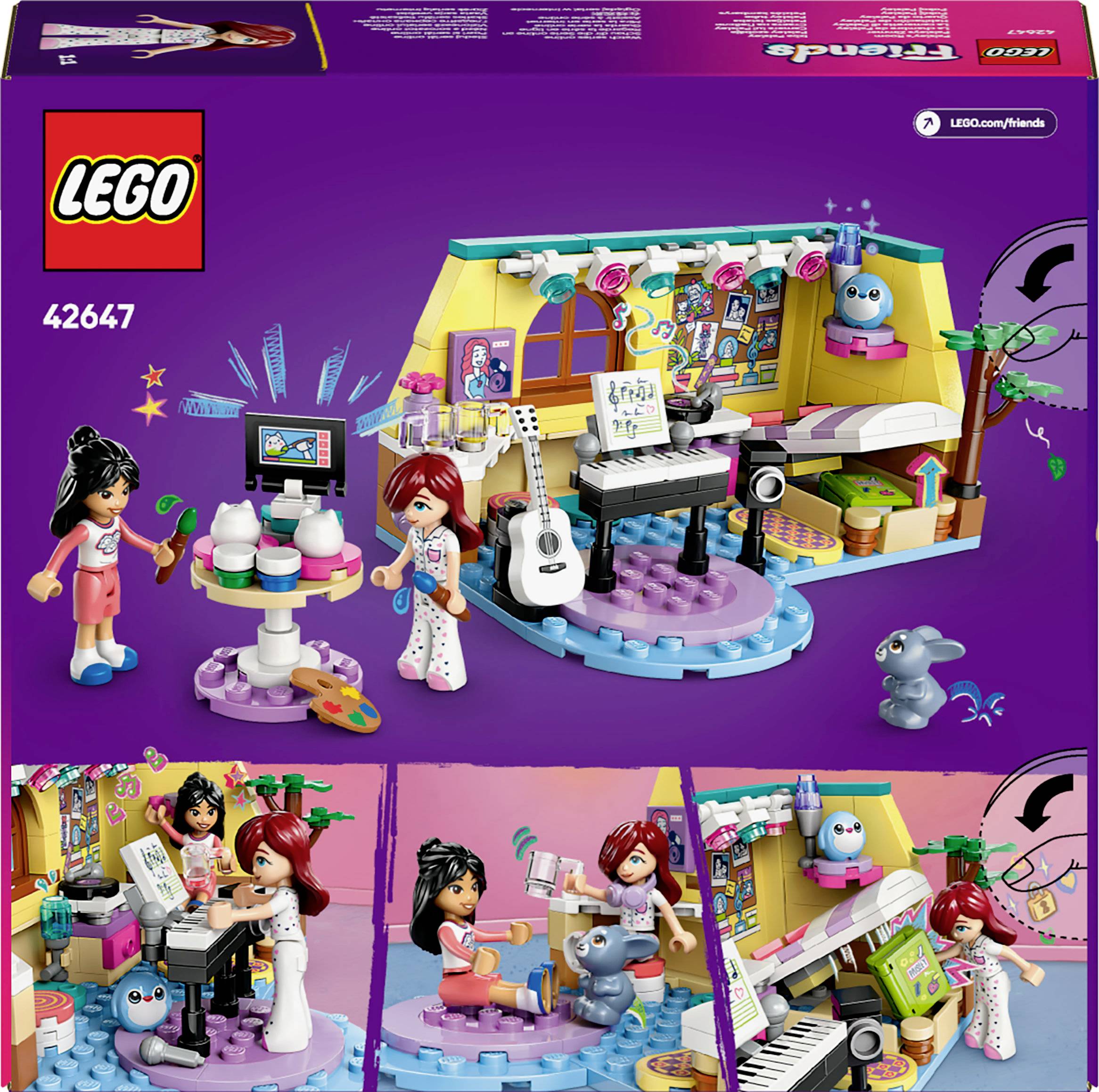 LEGO 42647-set för kreativt spel: två figurer som musicerar vid ett piano, många hantverks- och konstmaterial, färgrik bakgrund.