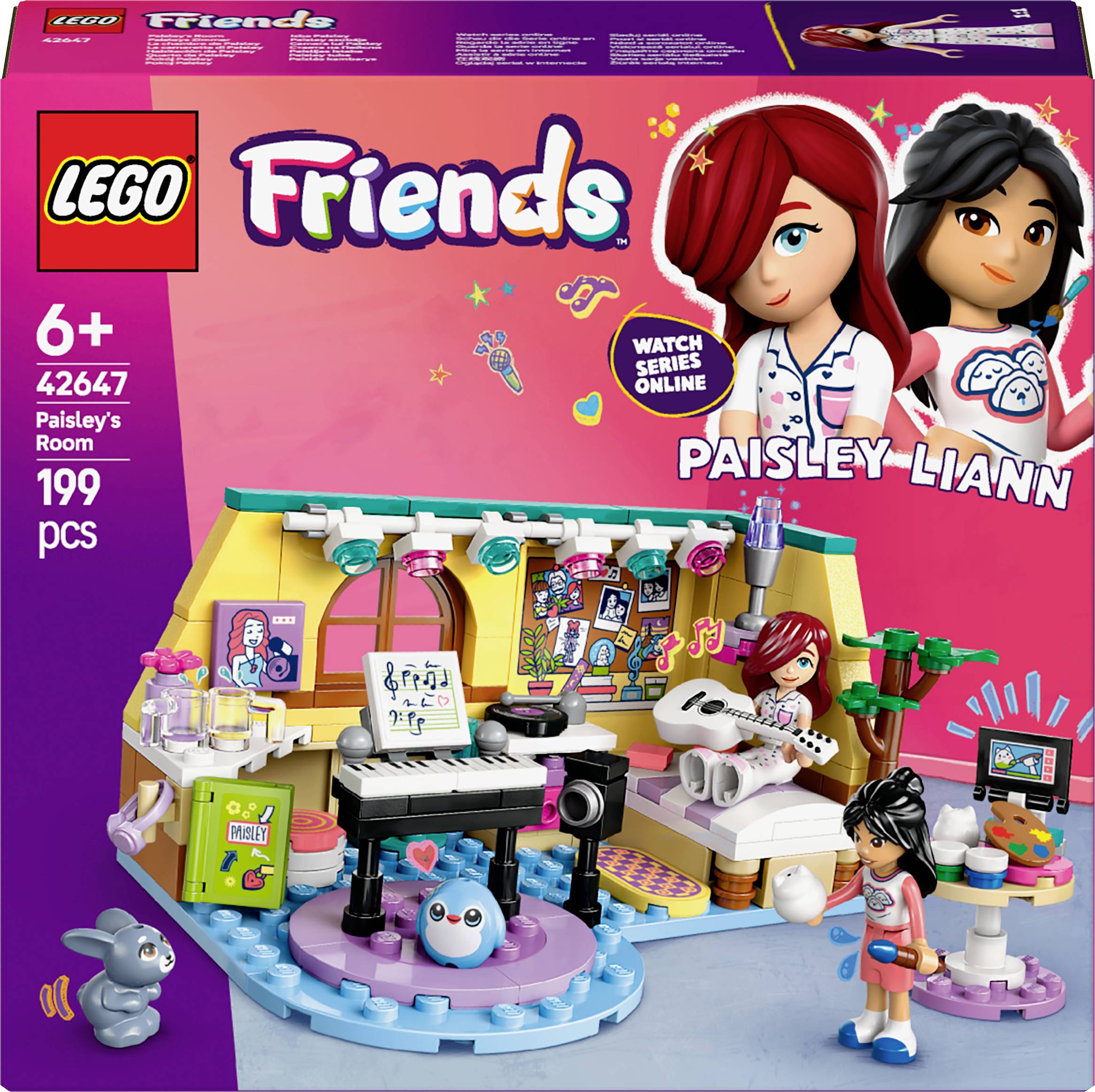 LEGO Friends Set 'Paisleys rum', lämplig från 6 år, innehåller 199 delar. Huvudfigurerna är Paisley och Liann med olika möbelpjäser och tillbehör.