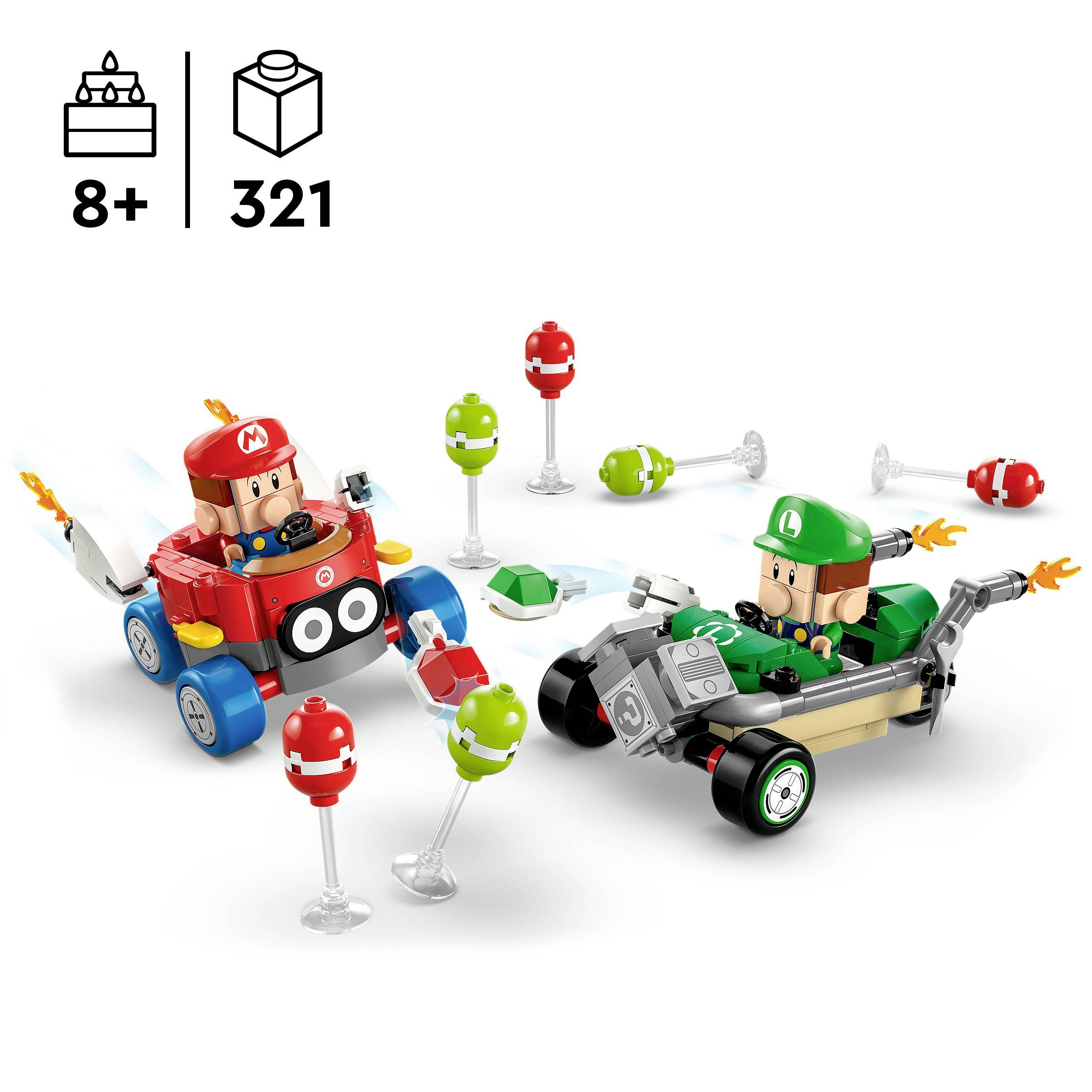 Två leksaks-karts med Mario och Luigi i racingstil. Innehåller piranhaväxter och eldblommor. Lämplig för barn från 8 år.
