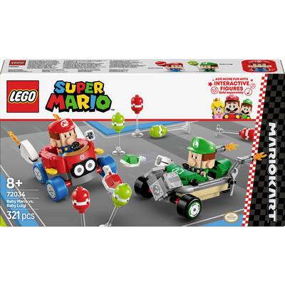 LEGO Super Mario Set 'Baby Mario vs. Baby Luigi'. Visar Baby Mario och Baby Luigi i sina racerbilar med färgglada tillbehörsdelar. Innehåller 321 delar. Från 8 år.
