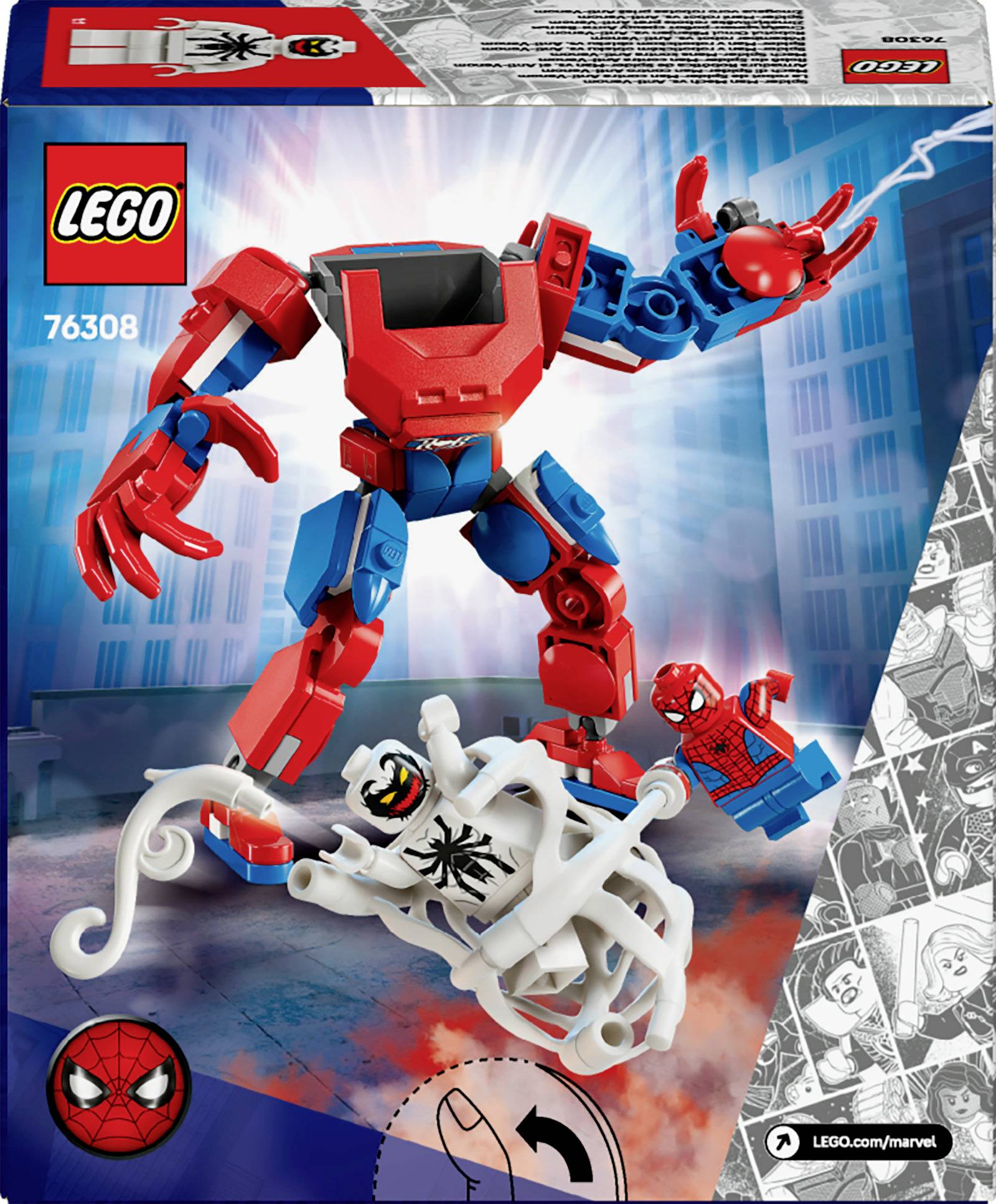 Lego-byggsats 76308: Röd-blå robot med Spider-Man-tema poserar i en dynamisk pose framför en urban bakgrund, medan Mini-Spider-Man svingar sig.