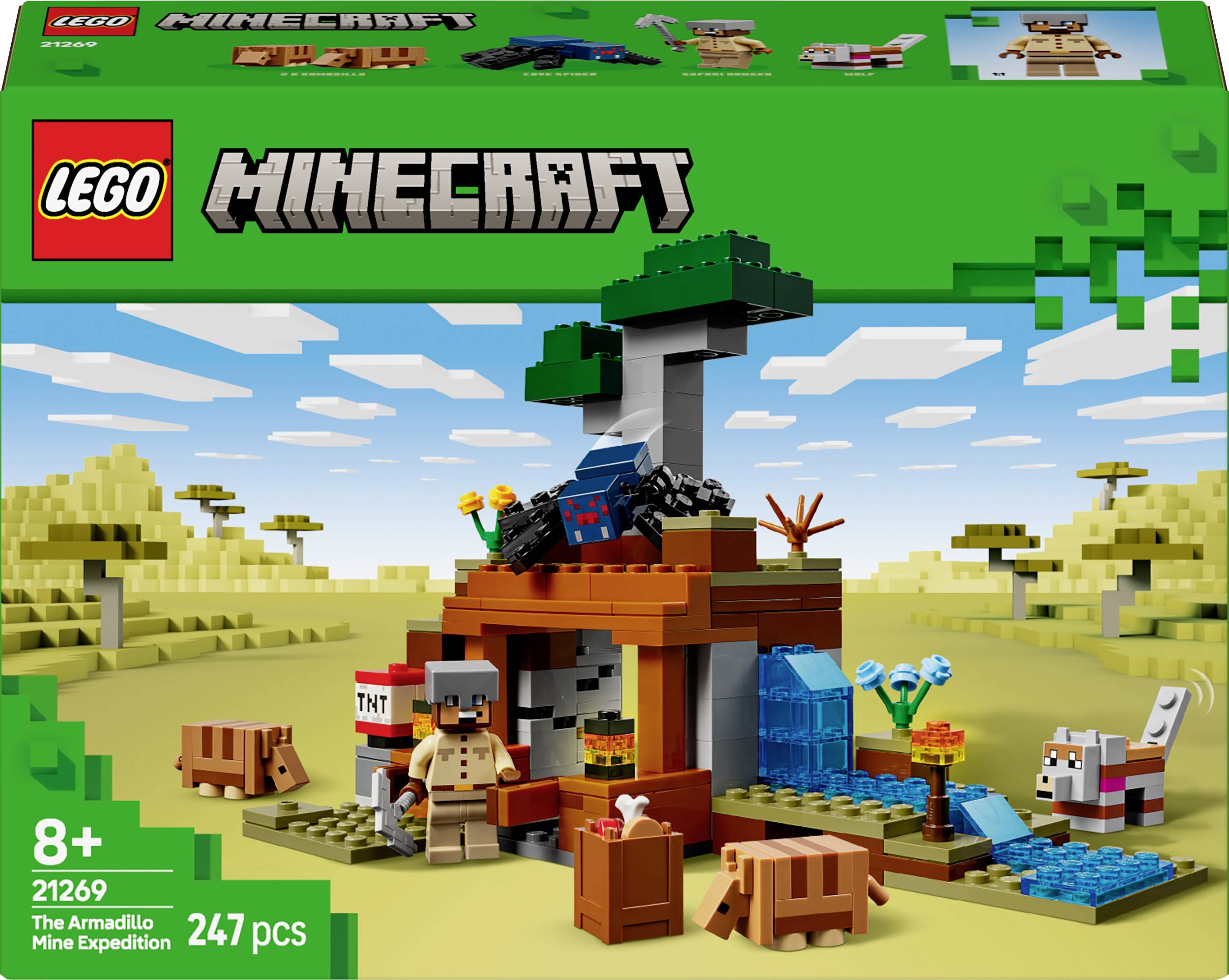 LEGO Minecraft Set 'Bältdjurets Gruvexpedition', innehåller en gruva, figurer, ett träd och djur. 247 delar, från 8 år.
