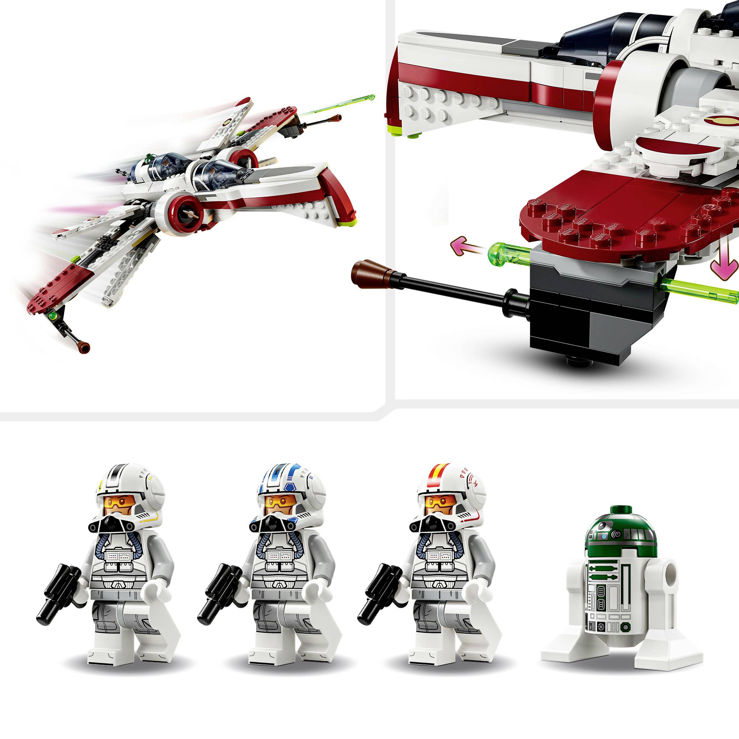 Ett LEGO-rymdskepp med fyra minifigurer, varav tre figurer i vita dräkter med hjälmar och en liten grön droid.