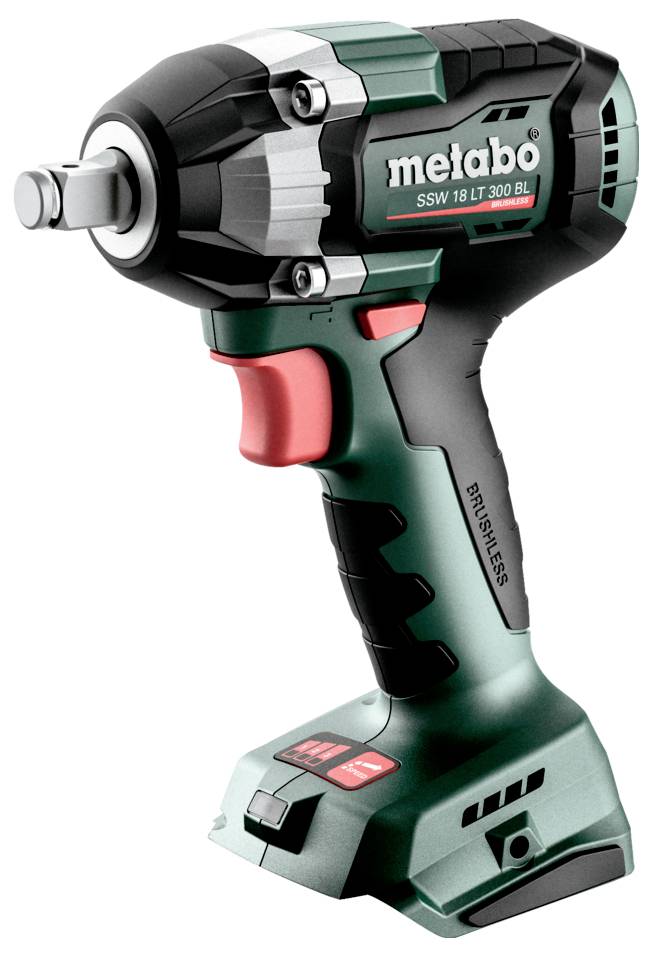 Trådlös Metabo slaggigantisk borrhammare visad i profil på vit bakgrund, med batteribas och röd utlösare.