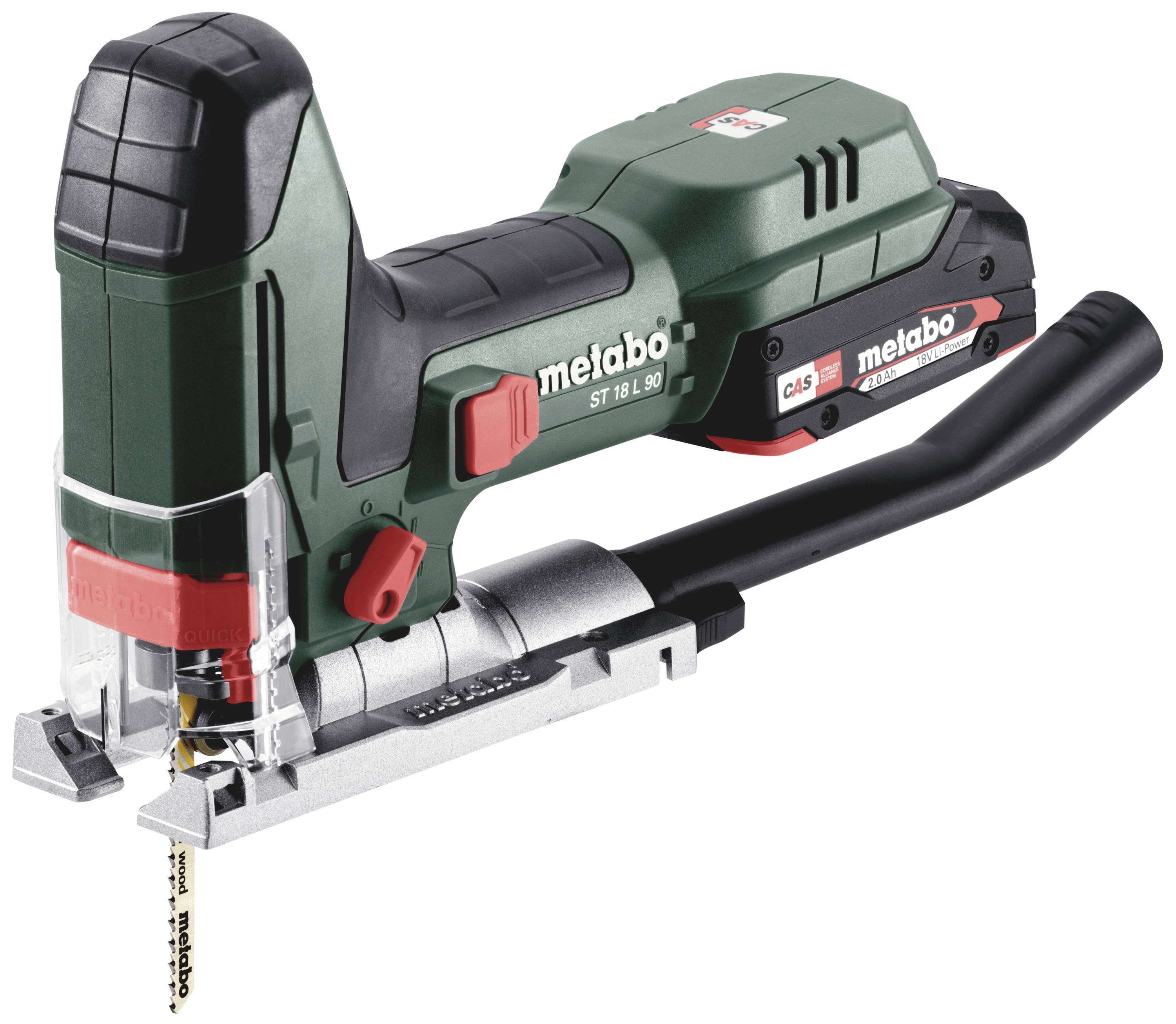 En grön sladdlös sticksåg från märket Metabo med röda detaljer, lämplig för precisionskapning i olika material.
