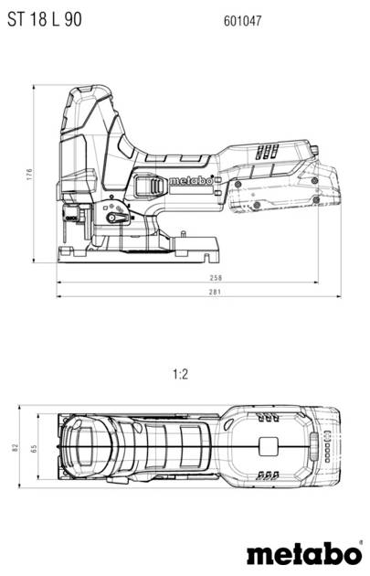 Teknisk ritning av ett Metabo-batteridrivet verktyg, visande sido- och toppvyer med dimensioner och modelltext "ST 18 L 90" och "601047".