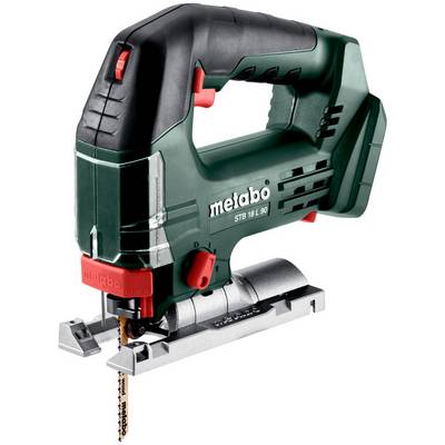Trådlös tigersåg, svart och grön Metabo STB 18 L 90, visad i profil med blad och metallbasplatta.
