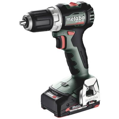 Trådlös Metabo kraftbor med batterisats, visad på vit bakgrund.