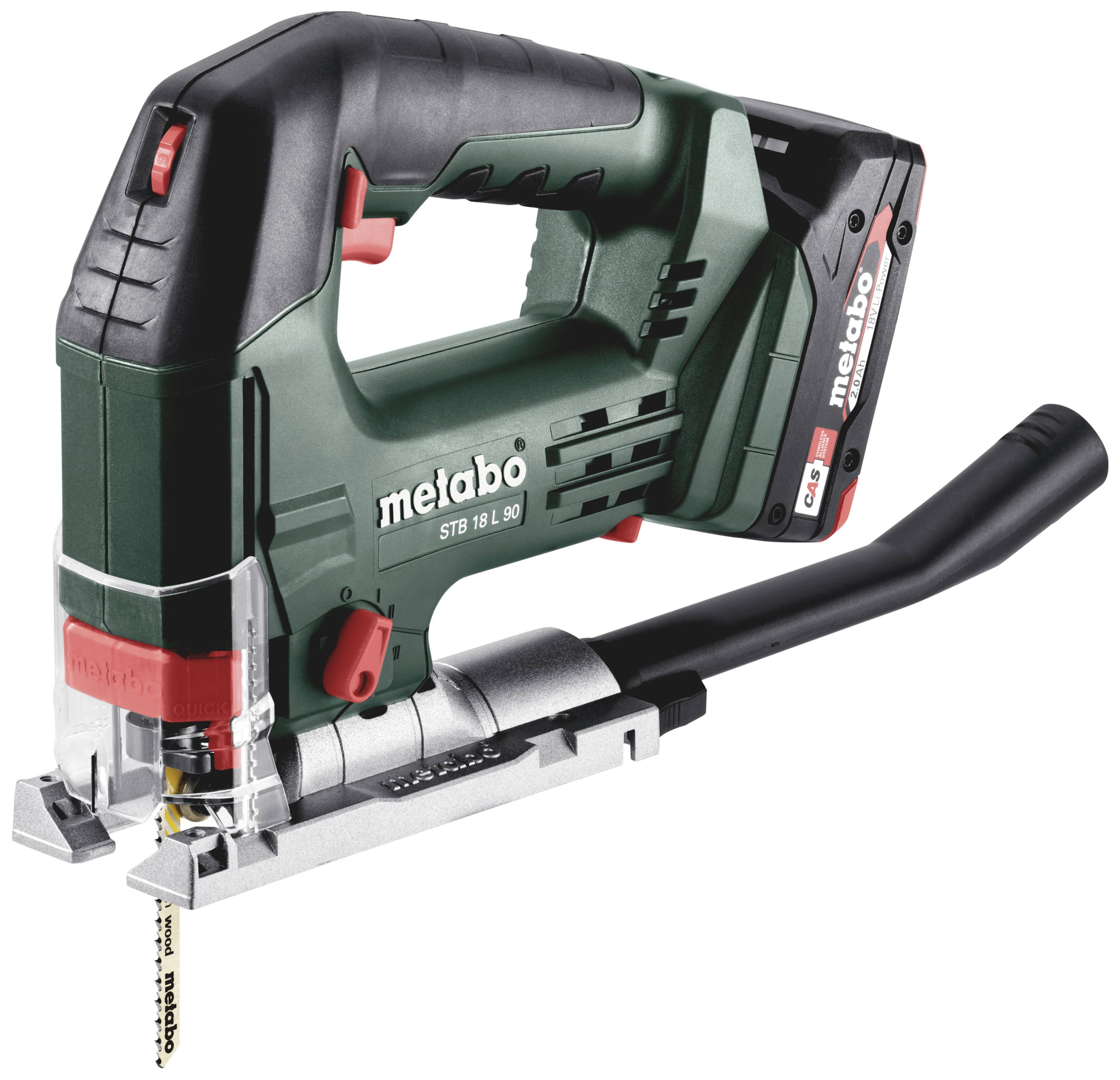 Akustisk såg i svart och grönt med Metabo-logotyp, tagen från sidan. Perfekt för precisionskapning i trä och metall.