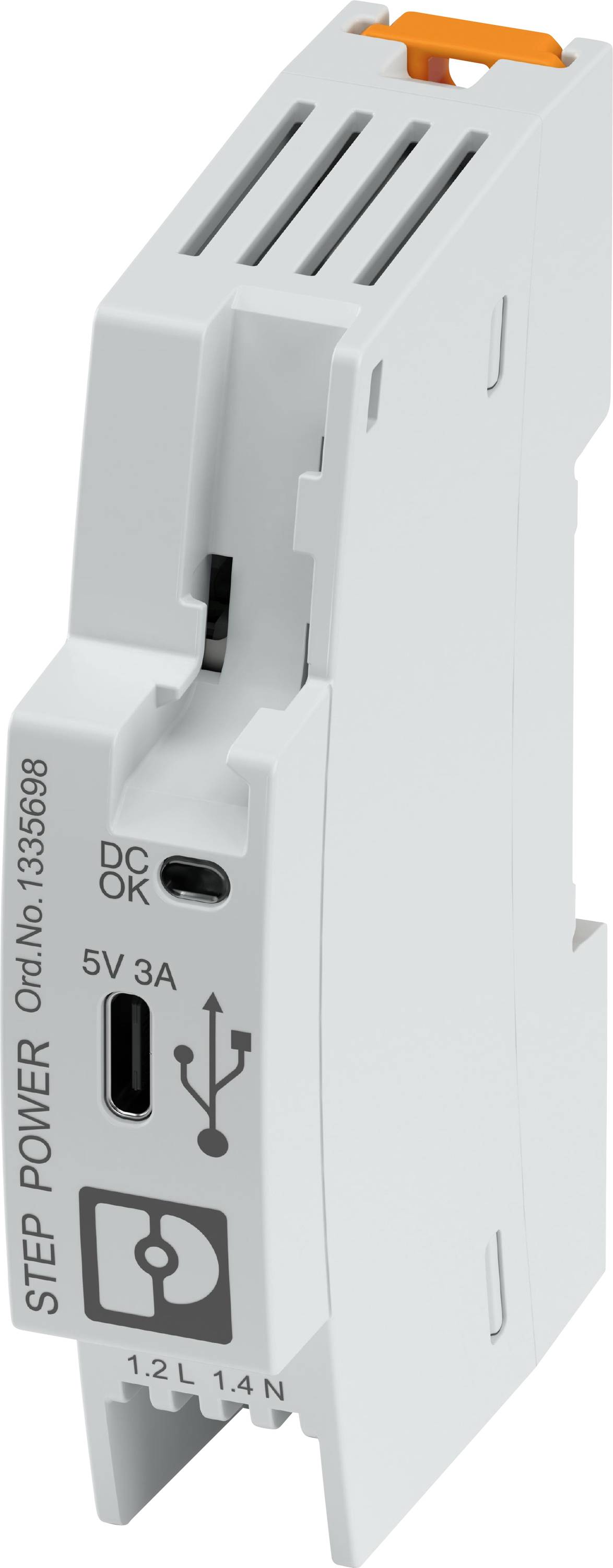 Elektronisk komponent 'STEP POWER', DC-anslutning, USB-port, märkt med 'Ord.No. 1356698', lämplig för industriella tillämpningar.
