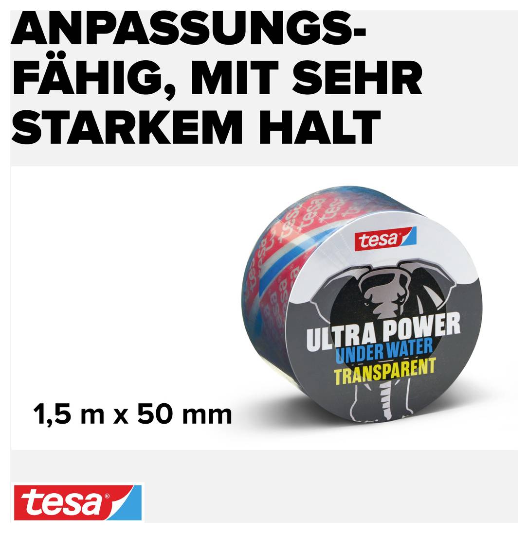 Anpassningsbart, mycket vidhäftande Tesa-tejp, 1,5 m x 50 mm, lämplig för undervattensapplikationer, transparent.