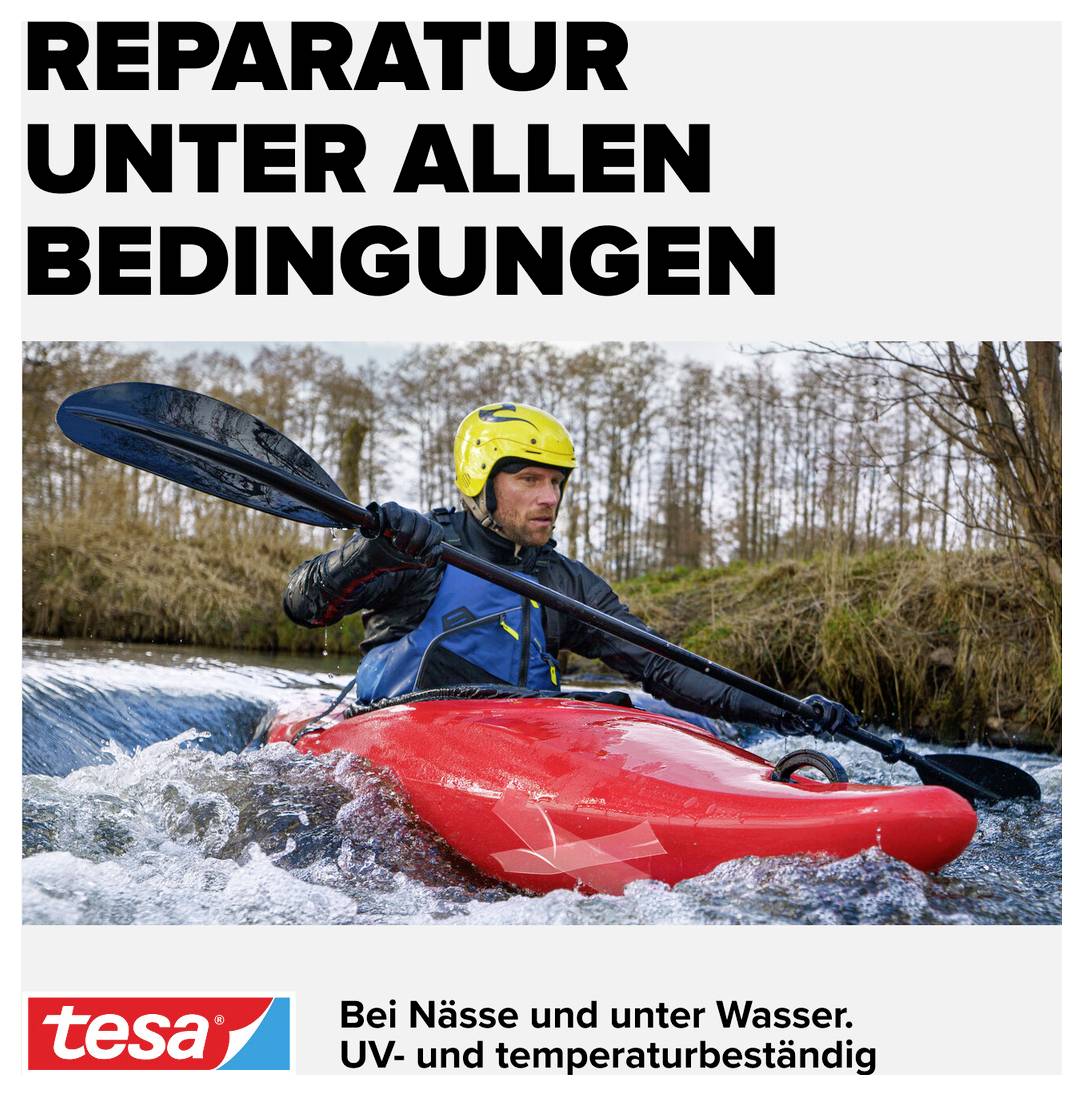 En man paddlar i en kajak på en flod. Text ovanför: 'Reparation under alla förhållanden'. Nedanför: 'Vid fukt och under vatten. UV- och temperaturbeständig'.