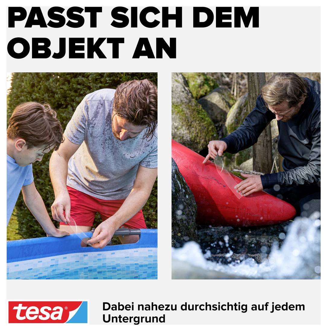 Två män som använder tejp, till vänster vid en pool, till höger på en båt. Text: 'Anpassar sig till objektet'.