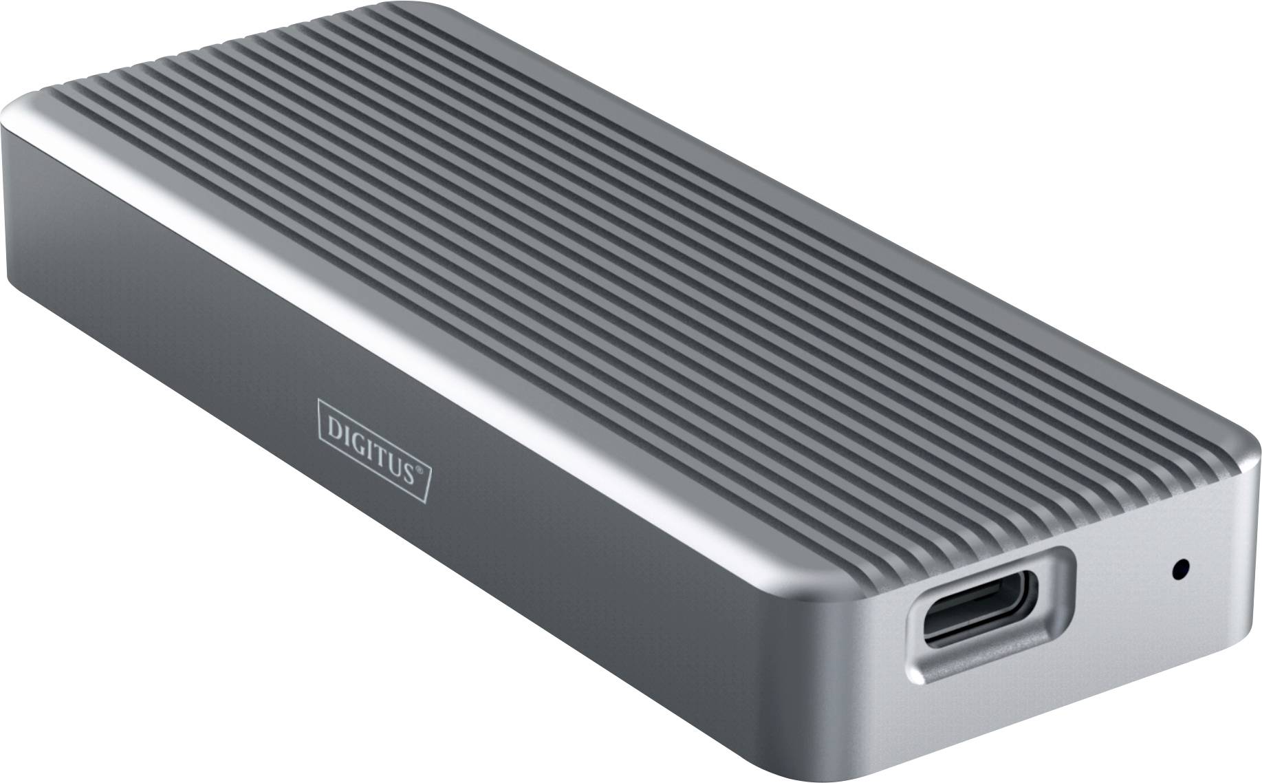 Ett smalt, silver externt hölje för hårddiskar med USB-C-anslutning, lämpligt för 2,5-tums SSD-enheter.