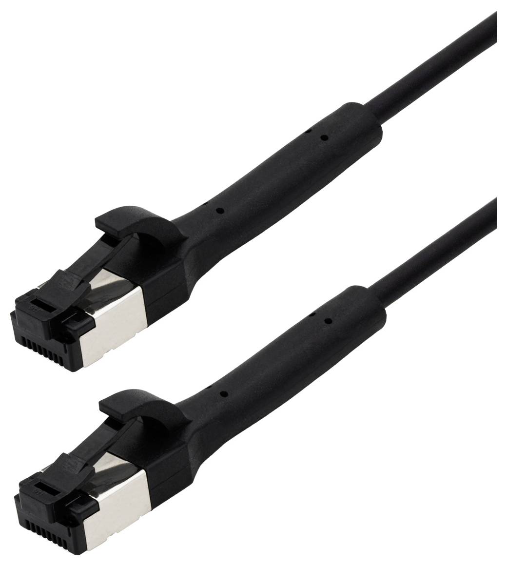 Två svarta Ethernet-kablar med kontakter pekar uppåt, på vit bakgrund. Lämpliga för nätverksanslutningar.
