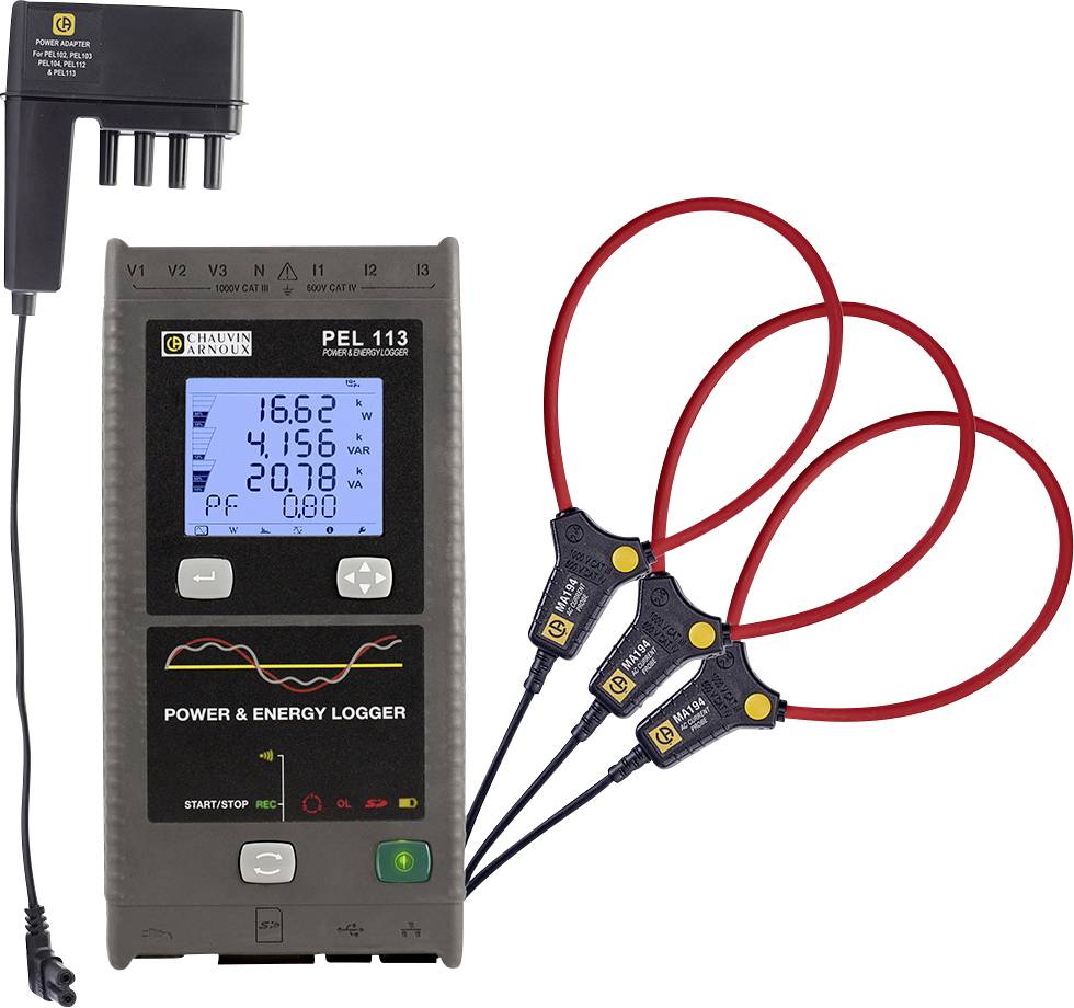 En kraft- och energidatalogger med en digital display visar värden som spänning och ström. Tre mätsensorer är anslutna.